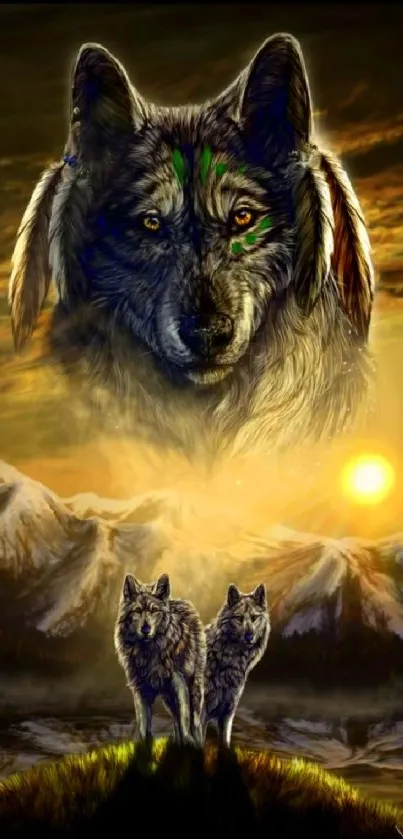 Artistic image of wolves in a sunset landscape.