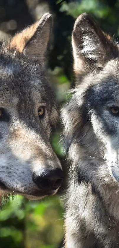 Two majestic wolves in a forest setting on a mobile wallpaper.