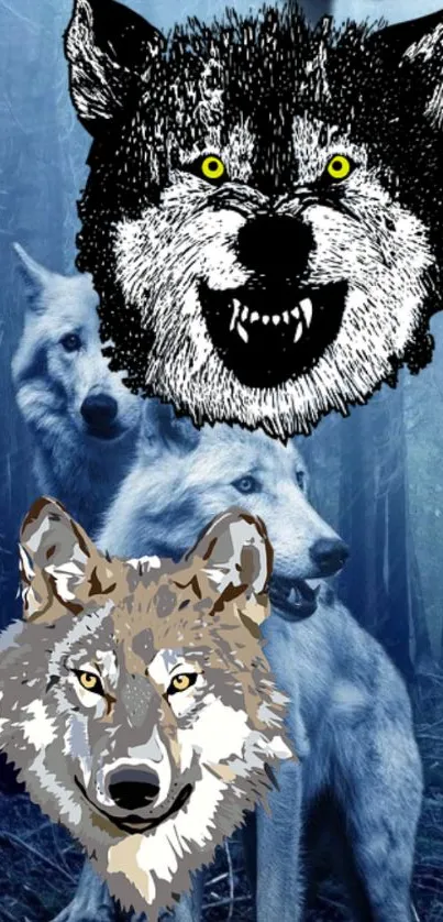 Illustrated wolves in a blue forest setting, blending art with nature.