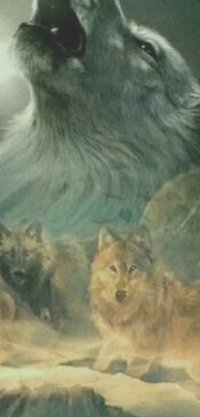 Majestic wolves howling in the moonlit forest wallpaper.