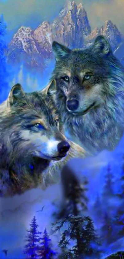 Two majestic wolves with a blue forest background.