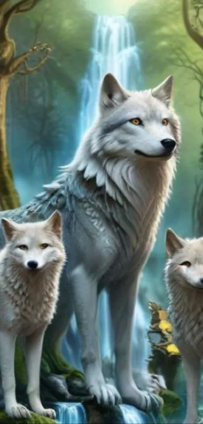 Pack of majestic wolves in a forest with a waterfall background.