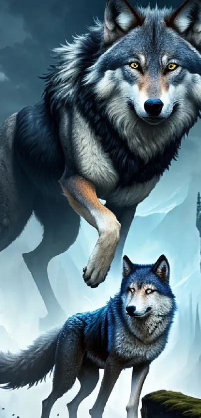 Majestic wolves roam in a fantasy forest landscape under a mystical sky.