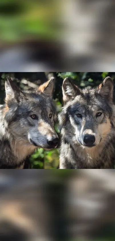 Two majestic gray wolves in a lush forest backdrop, capturing nature's beauty.