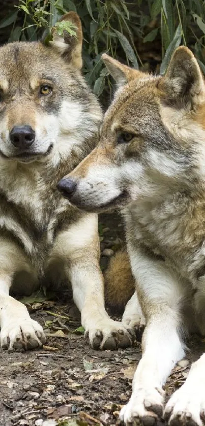 Two majestic wolves resting in a lush forest.