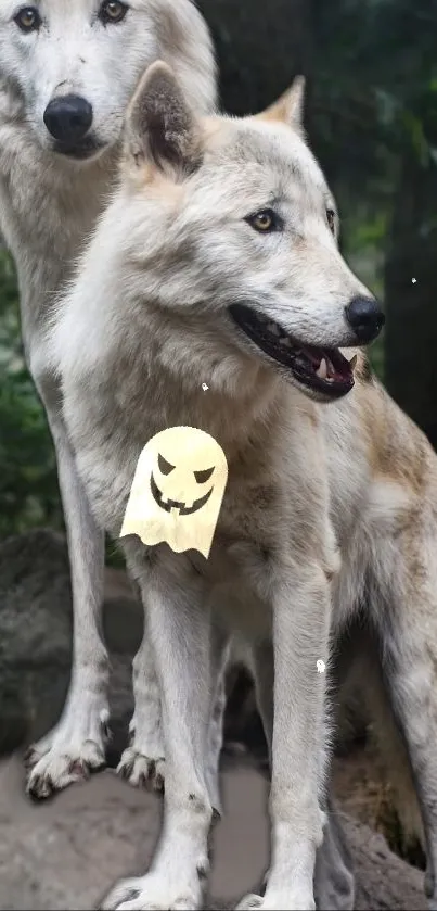 Two majestic wolves standing in a lush forest decorated with ghost images.