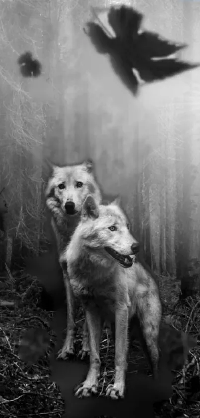 Two wolves in a foggy forest with blue highlights.