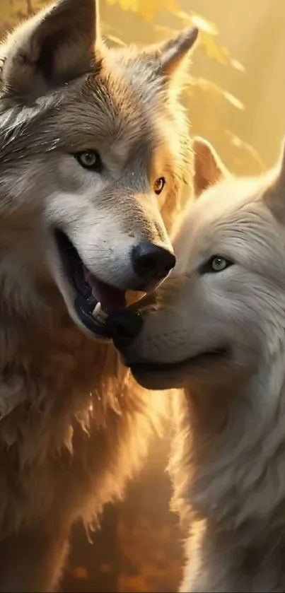 Majestic wolves in warm golden light wallpaper.