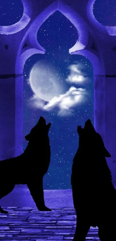 Two wolves silhouetted against a blue moonlit archway.