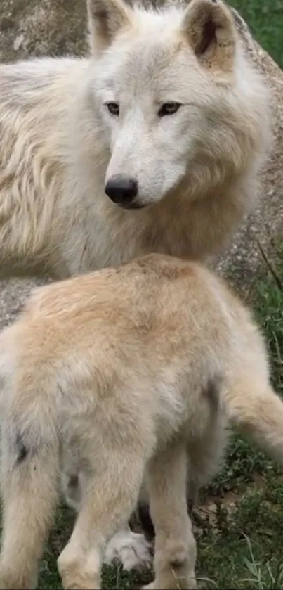 Two wolves in a natural setting, showcasing their majestic beauty.