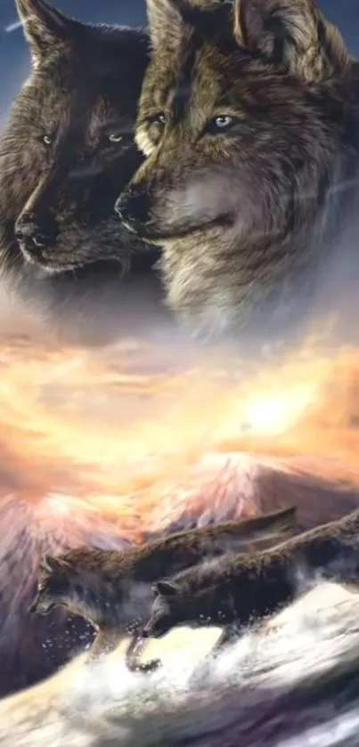 Majestic wolves against a mystical nature backdrop.