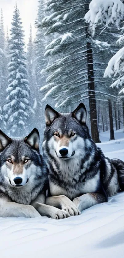 Two wolves resting in a snowy forest.