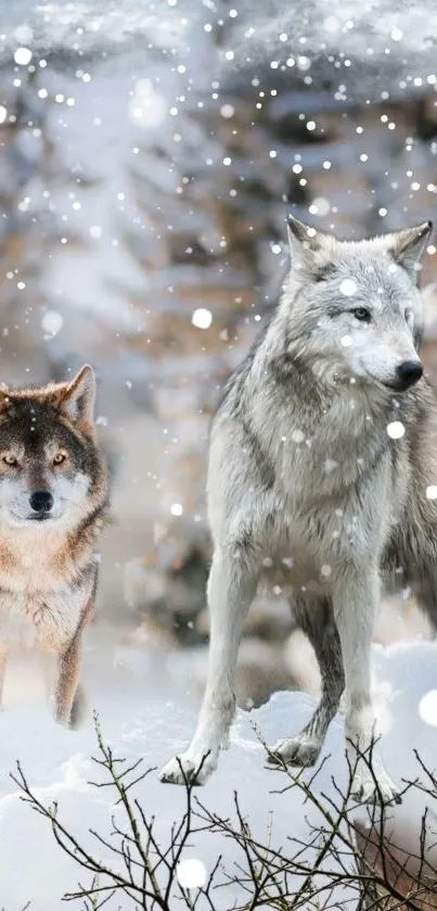 Two majestic wolves in a snowy forest scene, covered in falling snow.