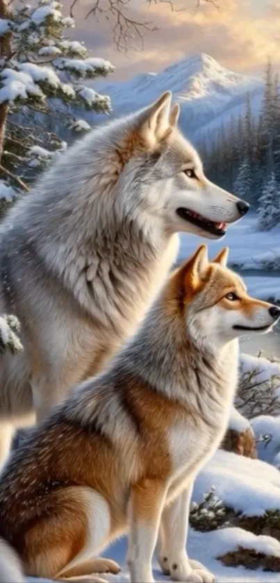 Two wolves in a snowy landscape by a mountain stream.