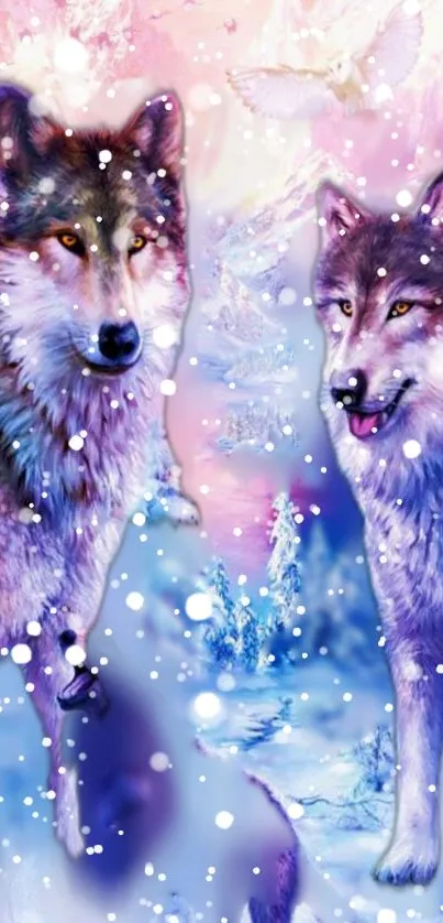 Two majestic wolves in a snowy fantasy landscape.