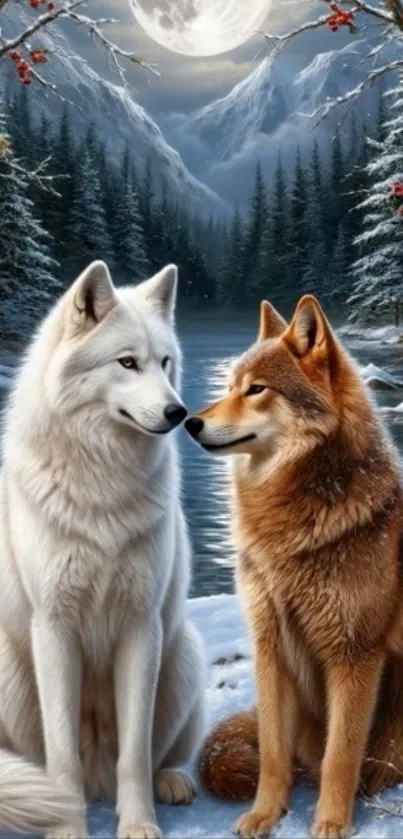 Two wolves in a snowy forest with a full moon.