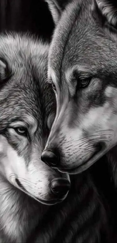 Two majestic wolves in a black and white illustration, embracing intimately.