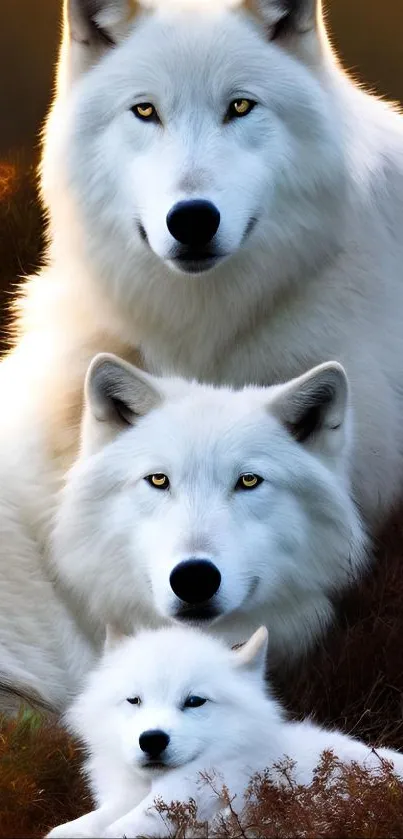 Three white wolves rest peacefully, embodying tranquility and wilderness.