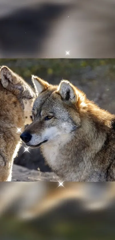 Two majestic wolves in a serene forest setting, captured beautifully in golden hues.