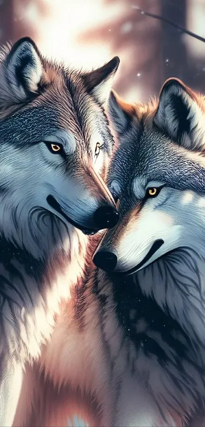 Two majestic wolves in a serene forest backdrop, exuding elegance and strength.