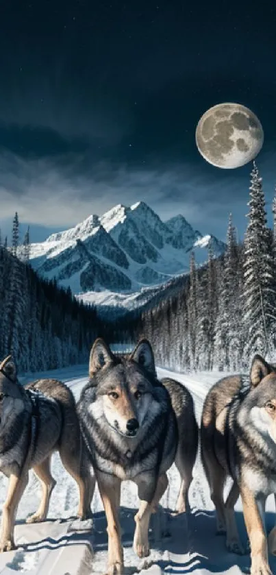 Majestic wolves in a snowy, moonlit mountain landscape.