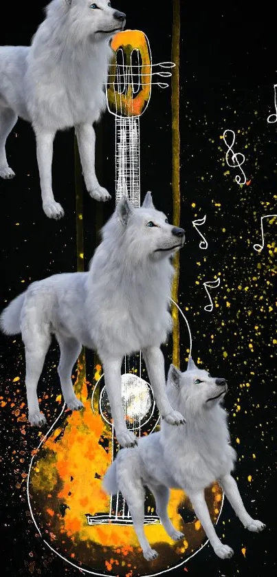 Mobile wallpaper with white wolves, guitar, and musical notes.