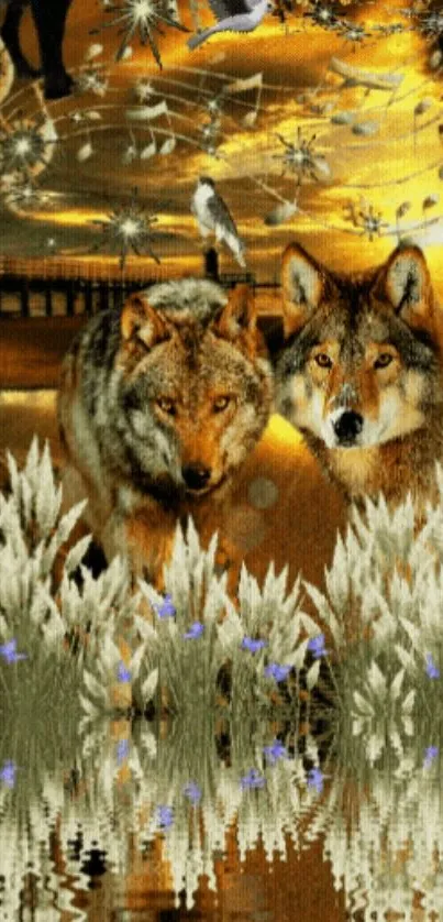 Majestic wolves with golden backdrop and floral patterns.