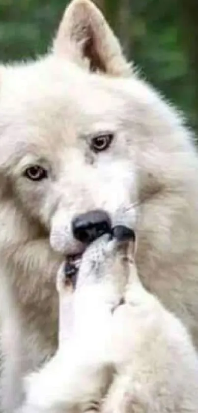 Close-up of a white wolf in a serene forest setting.