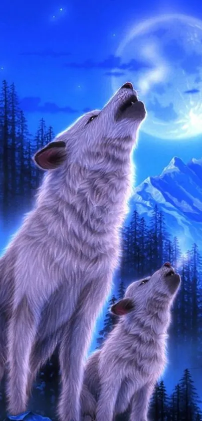 Wolves howling at the full moon with a starry night sky and mountains in the background.