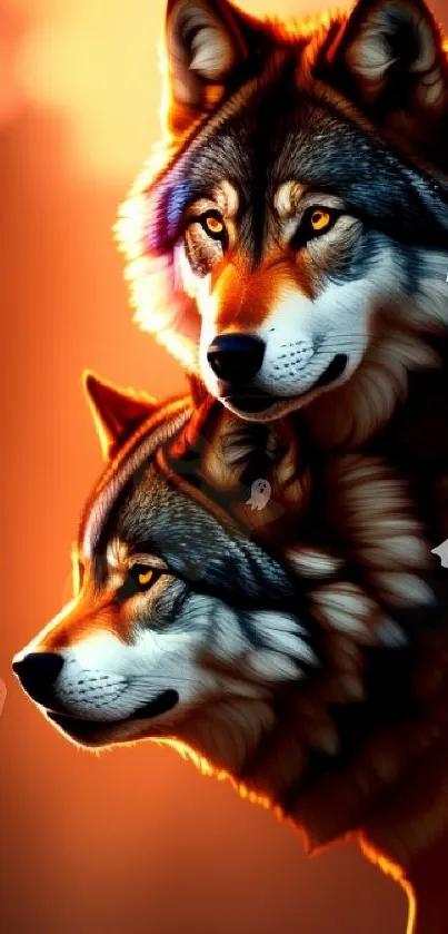 Two majestic wolves against a glowing orange gradient background.