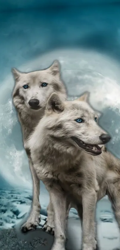 Two majestic wolves under a glowing full moon with a cyan sky.