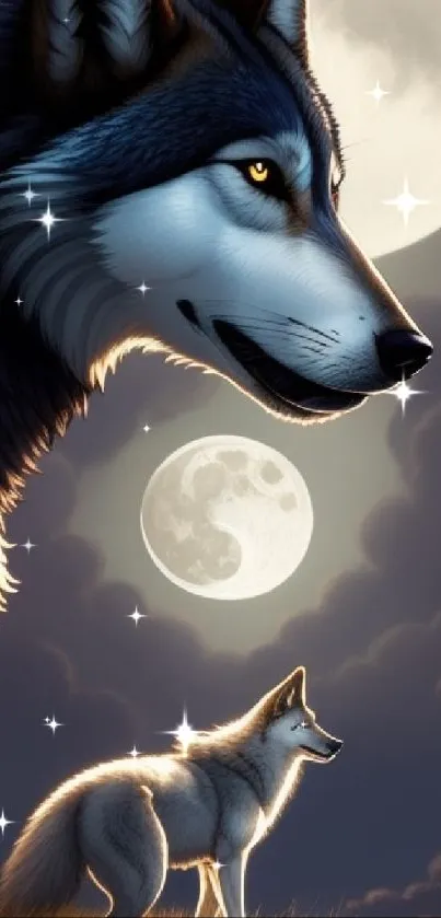 Illustrated wolves howling under a glowing full moon sky.