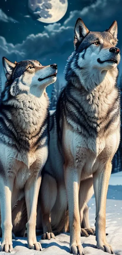 Two majestic wolves stand under a moonlit snowy forest sky.