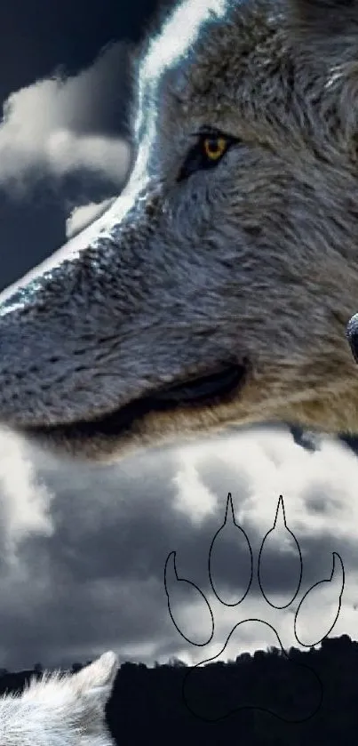 Close-up view of a majestic wolf under a cloudy sky.