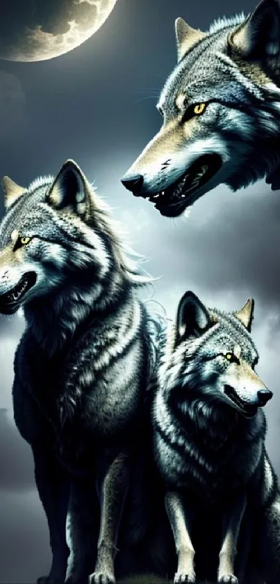 Three wolves under a moonlit sky with dark clouds, creating a mystical scene.