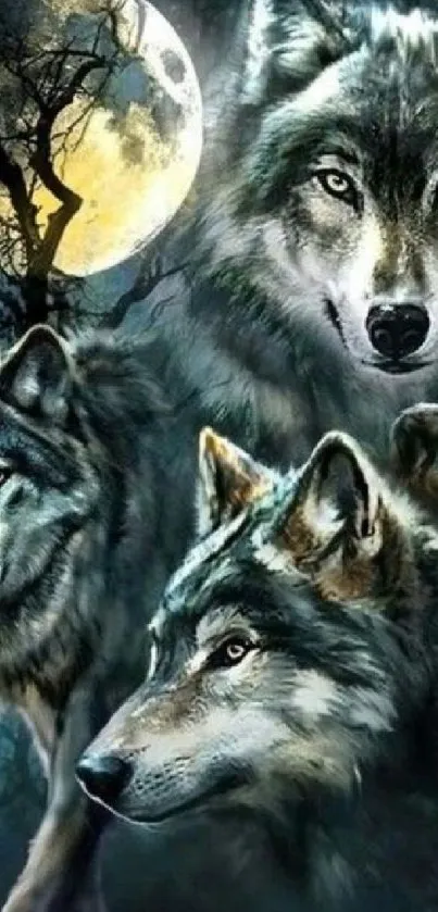 Three wolves under a glowing full moon, surrounded by a forest ambiance.