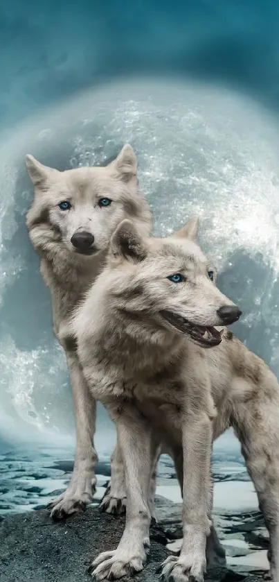 Two wolves under a full moon in a dramatic blue night sky.