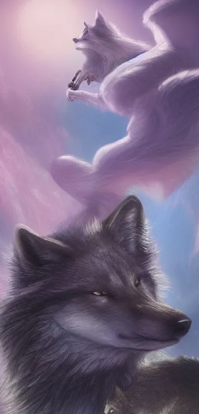 Wolves under a mystical moonlit sky with purple hues.