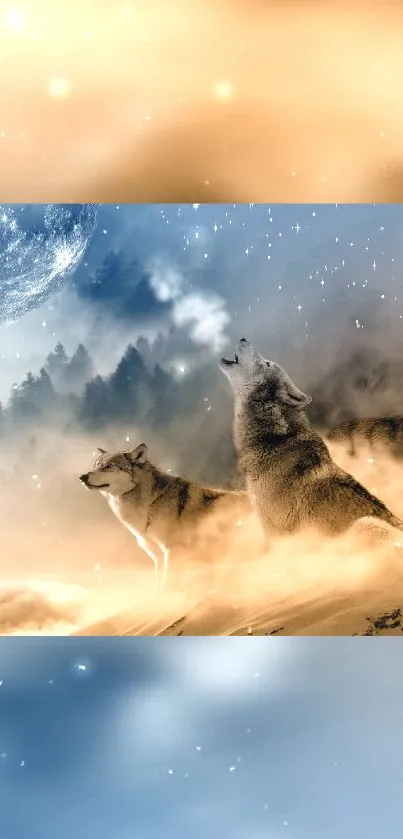 Wolves under a moonlit sky in a serene forest landscape.