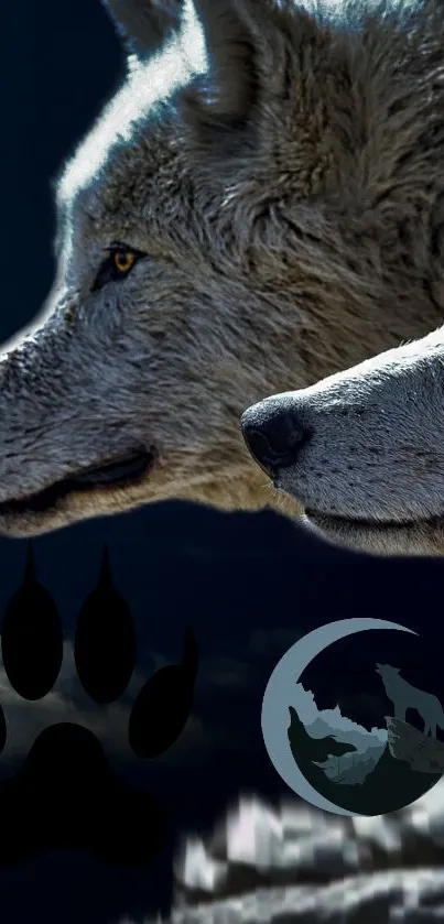Two wolves under moonlight with dark silhouette elements.