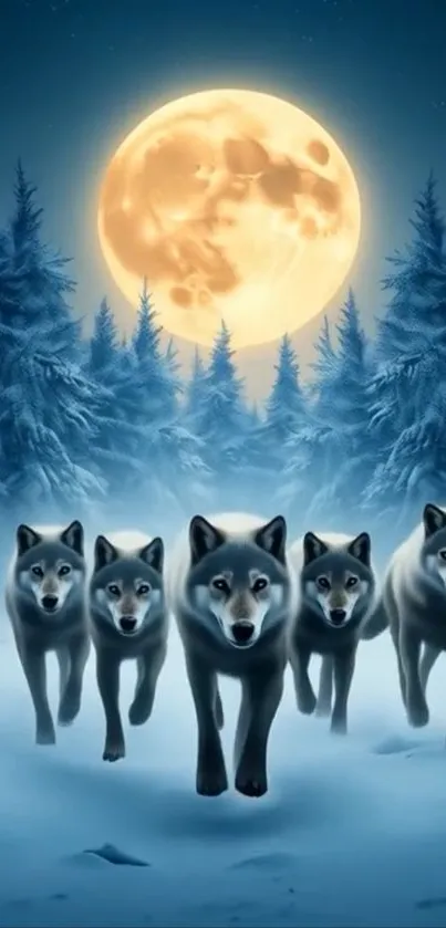 Wolves running under a glowing full moon in a snowy forest landscape.