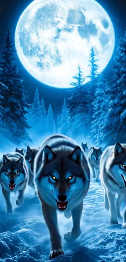 A pack of wolves walking under the full moon in a snowy forest.