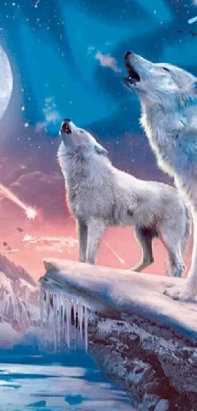 Majestic wolves howling under a luminous moon in a snowy landscape.