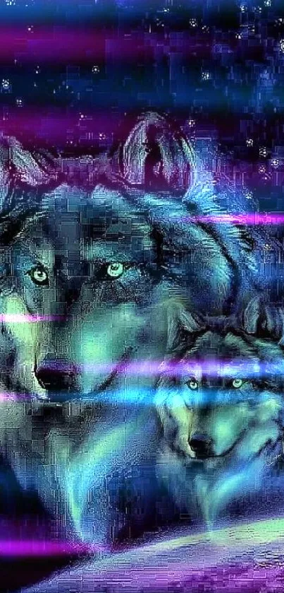 Majestic wolves under a starry night sky with deep blue tones.