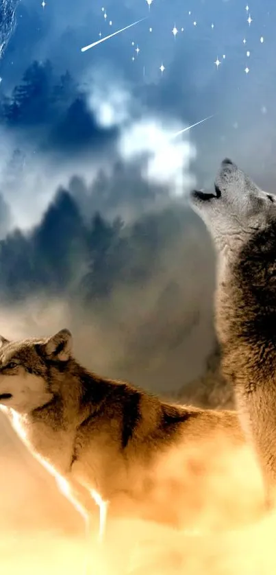 Two wolves under starry night sky howling at the moon in a serene forest setting.