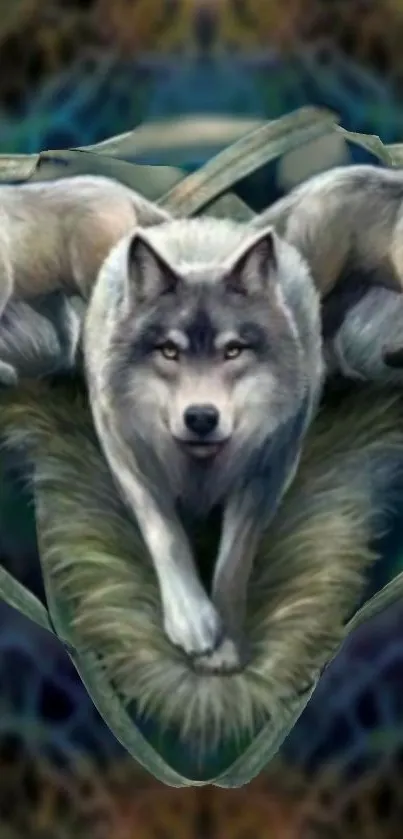 Artistic mobile wallpaper featuring a majestic trio of wolves with forest elements.