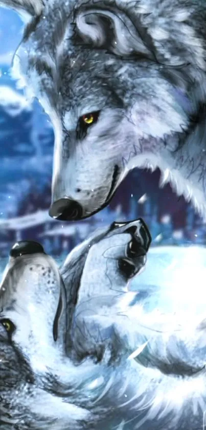 Two majestic wolves in a serene, snowy winter landscape.