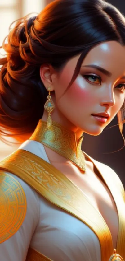 Majestic woman in golden attire with elegant hair in soft lighting.