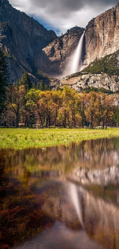 Yosemite waterfall with reflection in a serene and lush landscape mobile wallpaper.