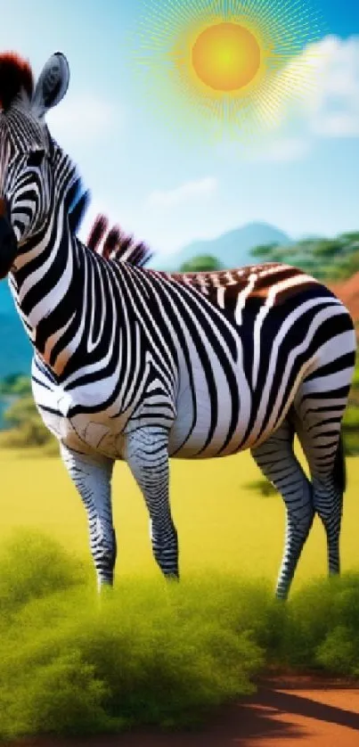 Zebra standing in a colorful safari landscape with bright sun and greenery